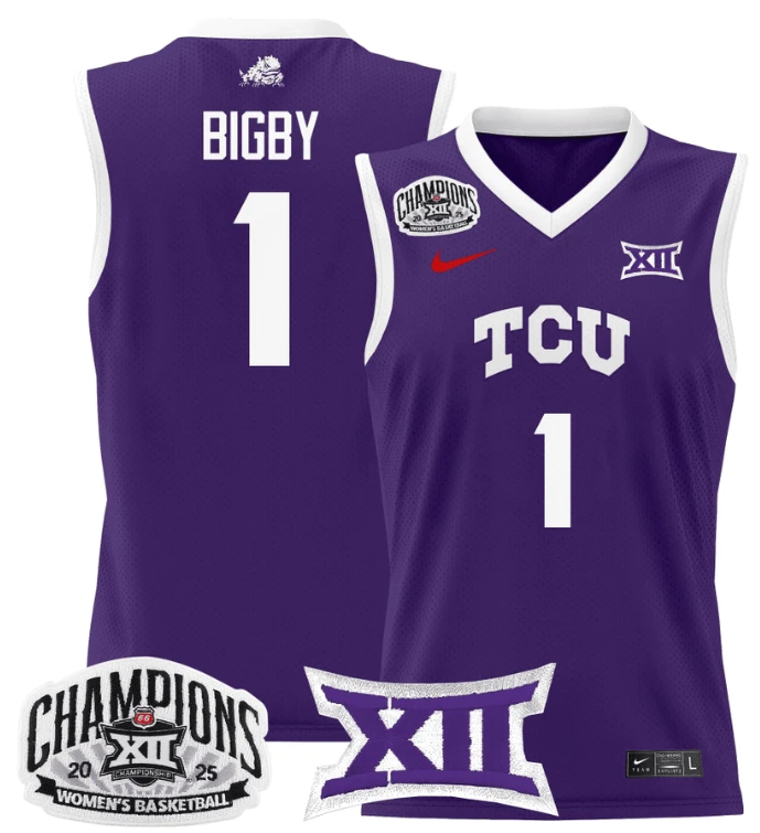 Women's Taylor Bigby Jersey #1 TCU Horned Frogs 2025 Champions Purple by My store basketball
