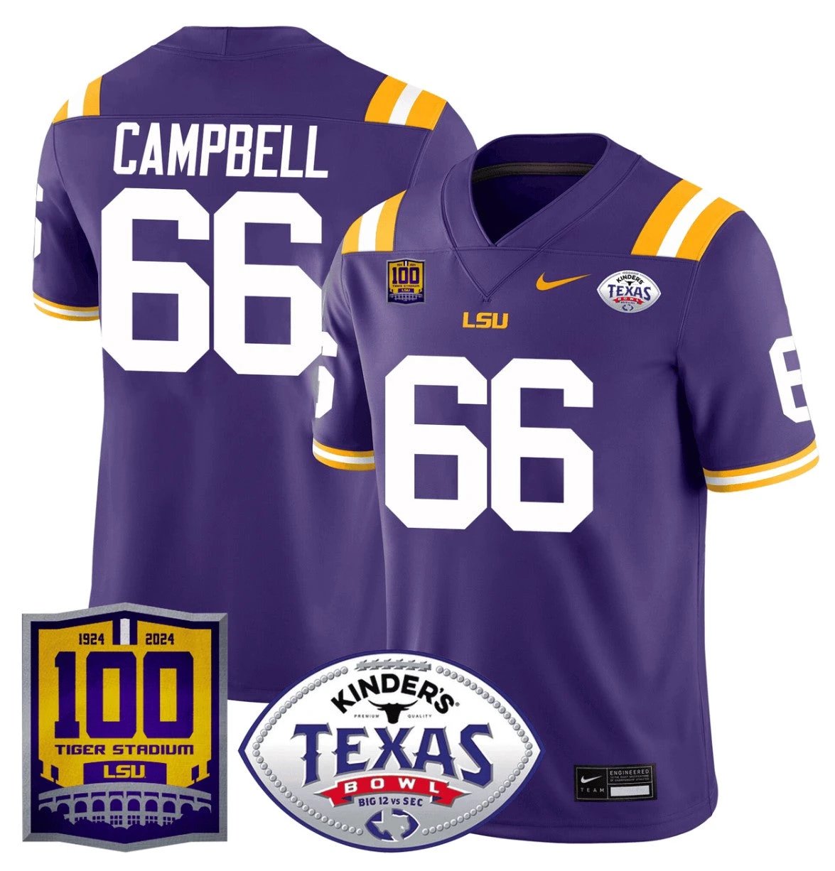 Will Campbell Jersey #66 LSU Tigers Texas Bowl Patch Football Purple by NCAA Football Jersey