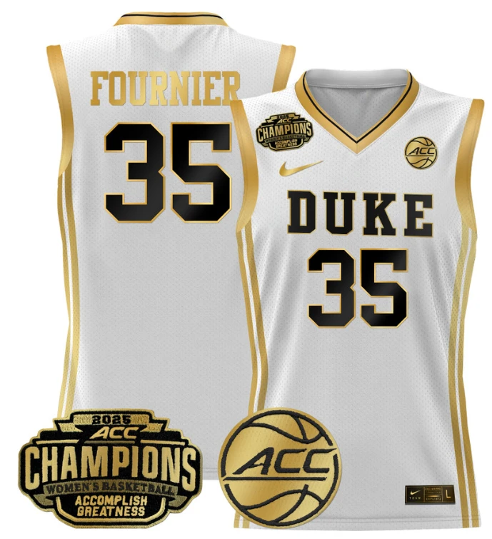 Women's Toby Fournier Jersey #35 Duke Blue Devils 2025 ACC Champions White Gold by My store basketball