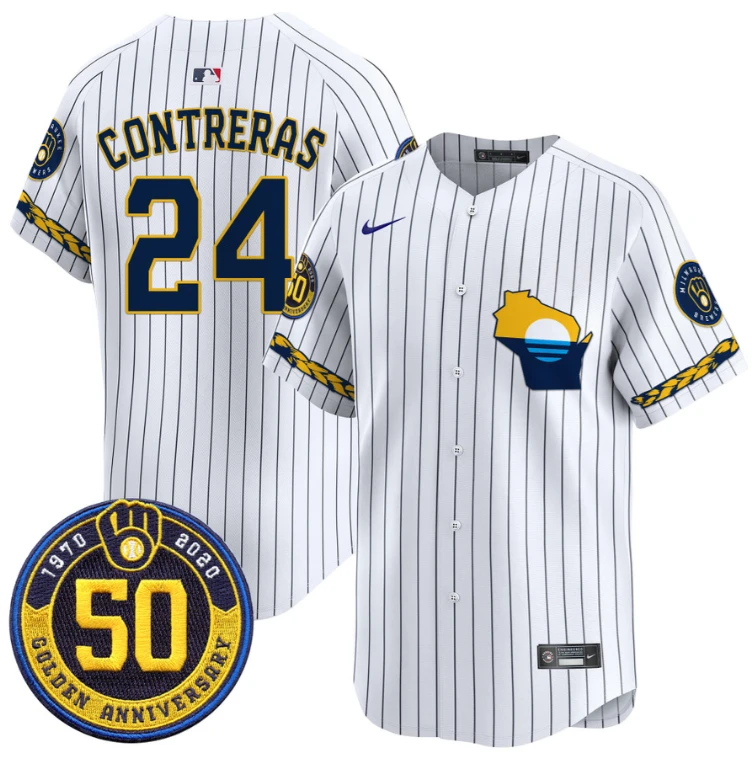 William Contreras Jersey #24 Milwaukee Brewers Golden 50th Anniversary Patch Stitched Pinstripe by My Store