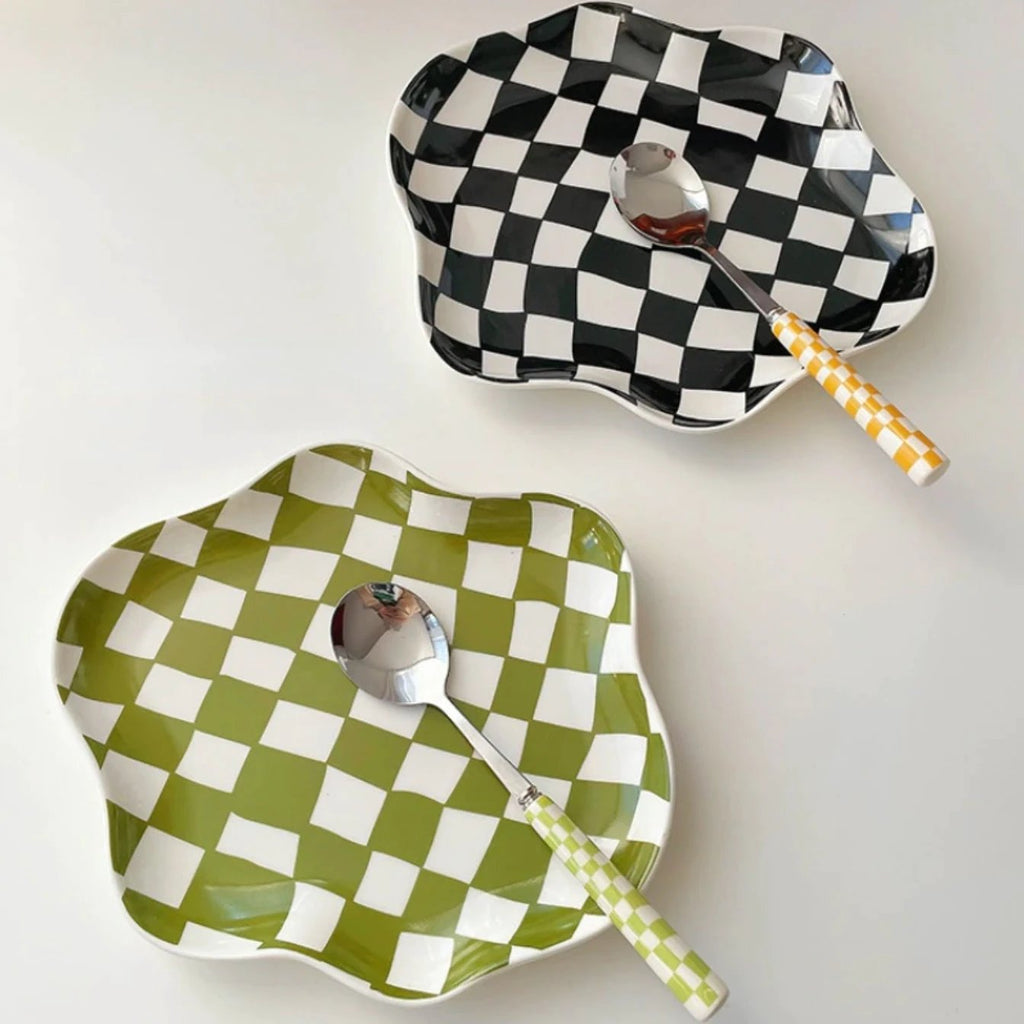 Wavy Edge Checkerboard Tray - Black, Green by Bowlift