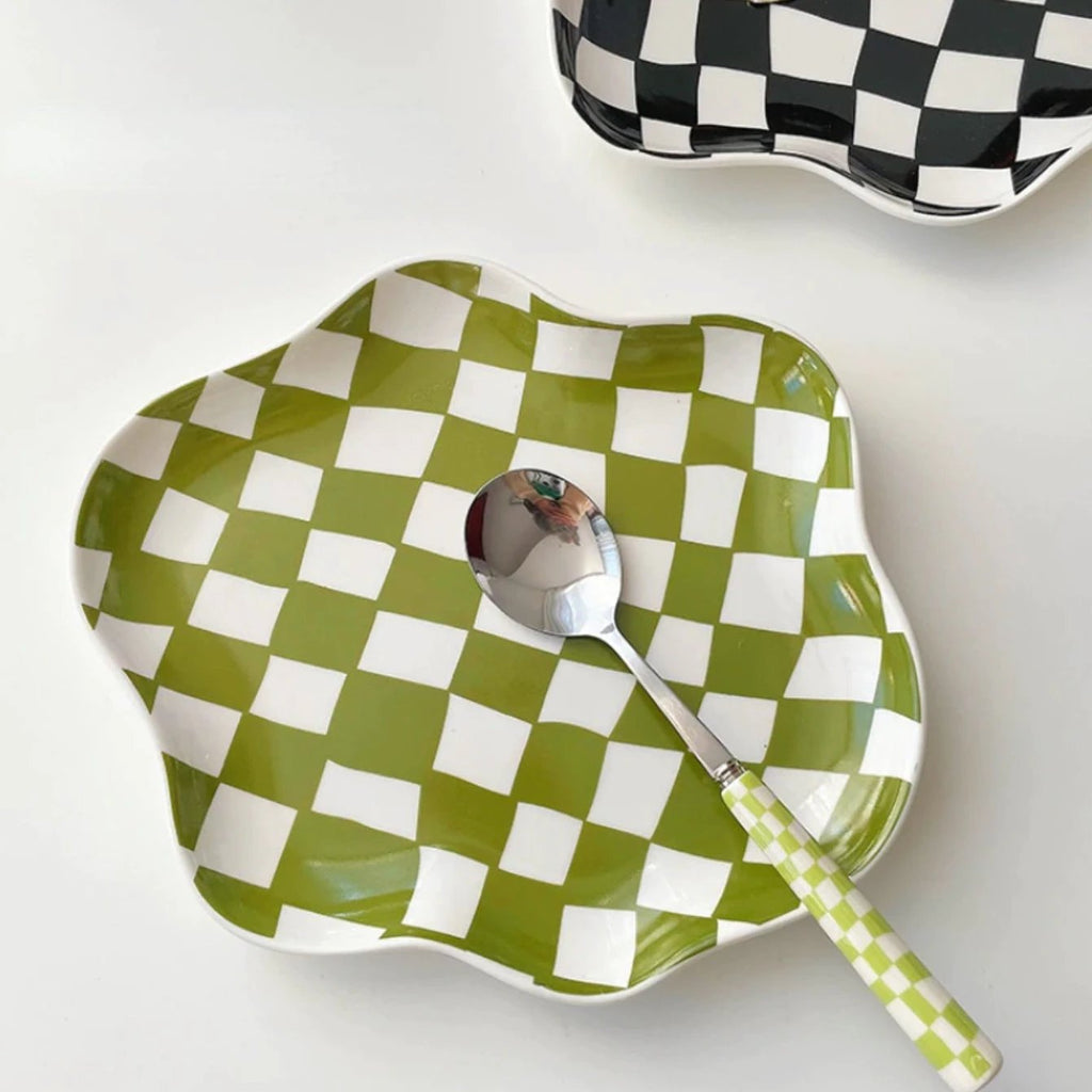 Wavy Edge Checkerboard Tray - Black, Green by Bowlift