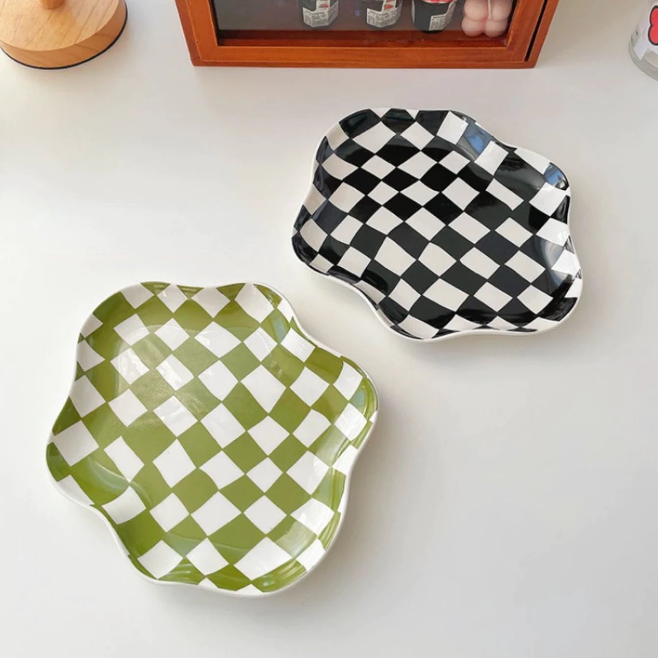 Wavy Edge Checkerboard Tray - Black, Green by Bowlift