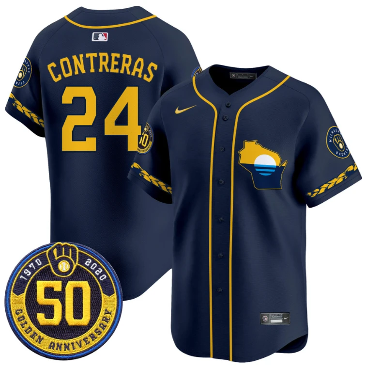William Contreras Jersey #24 Milwaukee Brewers Golden 50th Anniversary Patch Stitched Navy by My Store