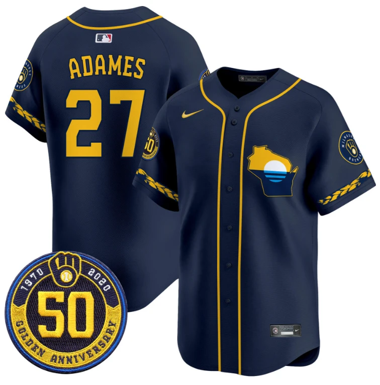 Willy Adames Jersey #27 Milwaukee Brewers Golden 50th Anniversary Patch Stitched Navy by My Store