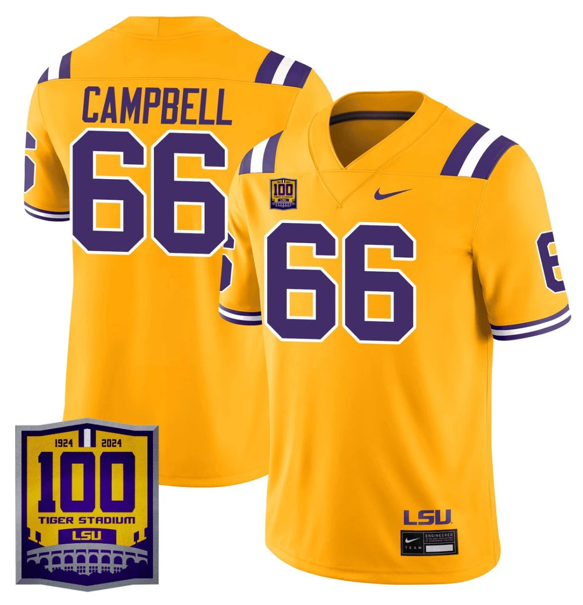Will Campbell Jersey #66 LSU Tigers 100 Years of Tiger Stadium Patch Gold by NCAA Football Jersey