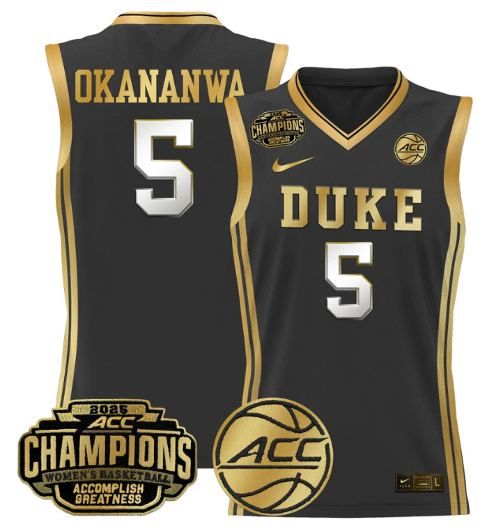 Women's Oluchi Okananwa Jersey #5 Duke Blue Devils 2025 ACC Champions Black Gold by My store basketball