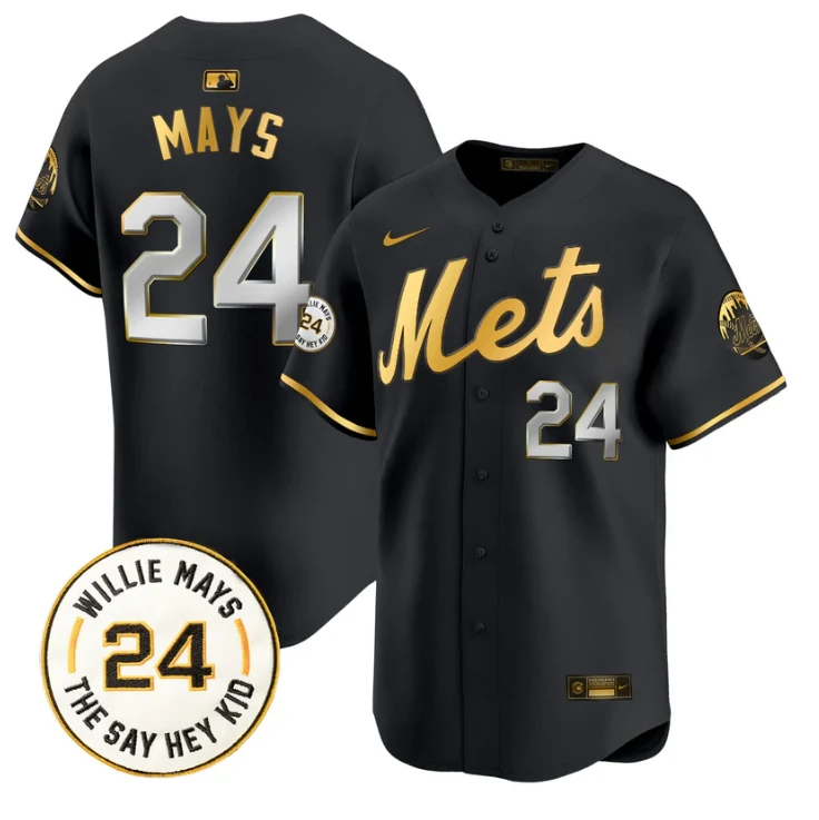 Willie Mays Jersey #24 New York Mets Willie Mays Patch Vapor Premier Limited Stitched Black Gold by My Store