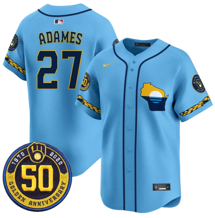 Willy Adames Jersey #27 Milwaukee Brewers Golden 50th Anniversary Patch Stitched Blue by My Store