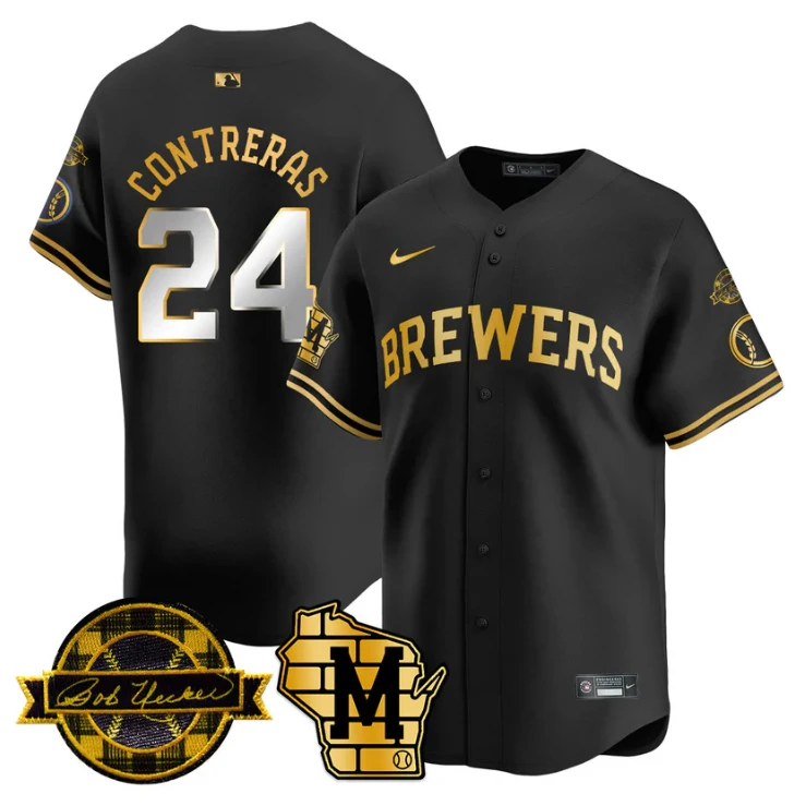 William Contreras Jersey #24 Milwaukee Brewers 2025 Limited Bob Uecker Patch Stitched Black Gold by My Store