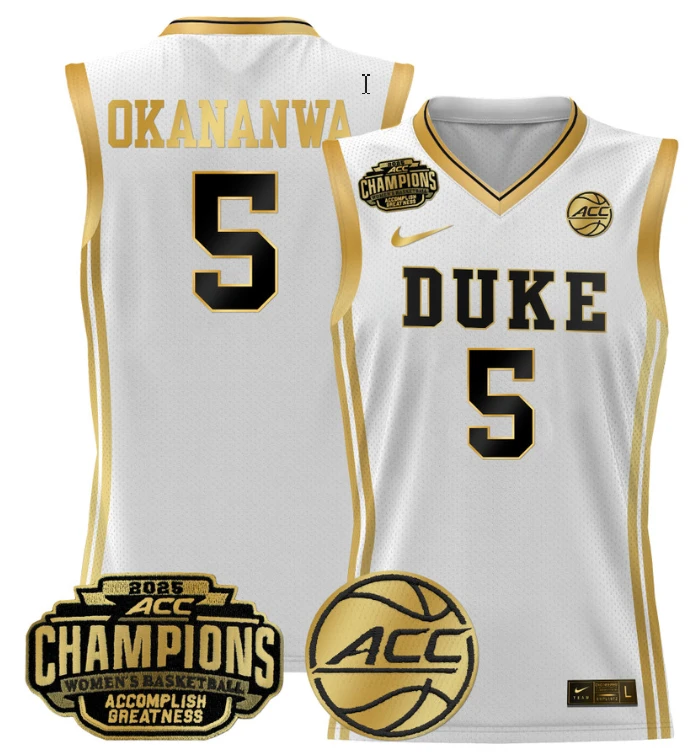 Women's Oluchi Okananwa Jersey #5 Duke Blue Devils 2025 ACC Champions White Gold by My store basketball