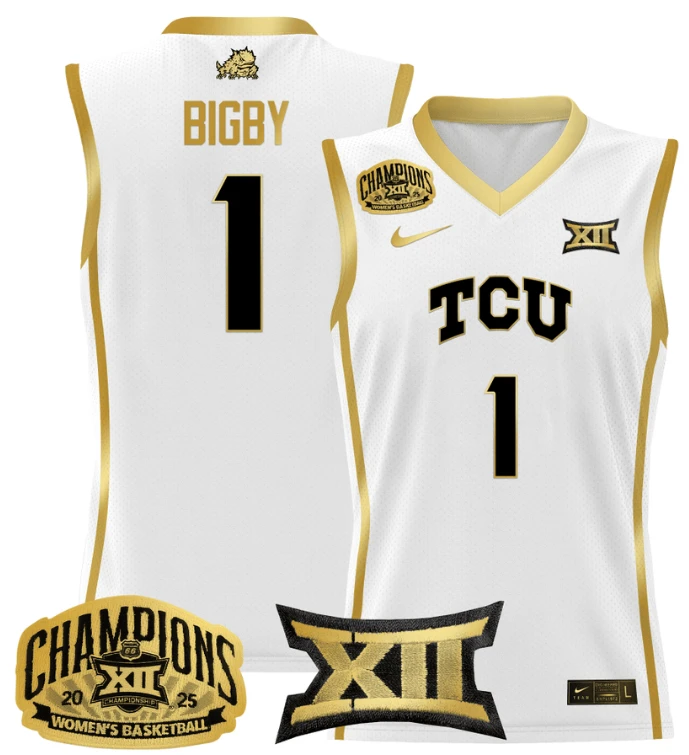 Women's Taylor Bigby Jersey #1 TCU Horned Frogs 2025 Champions White Gold by My store basketball