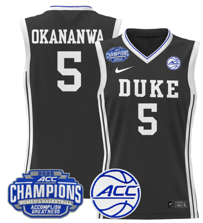 Women's Oluchi Okananwa Jersey #5 Duke Blue Devils 2025 ACC Champions Black (Copy) by My store basketball