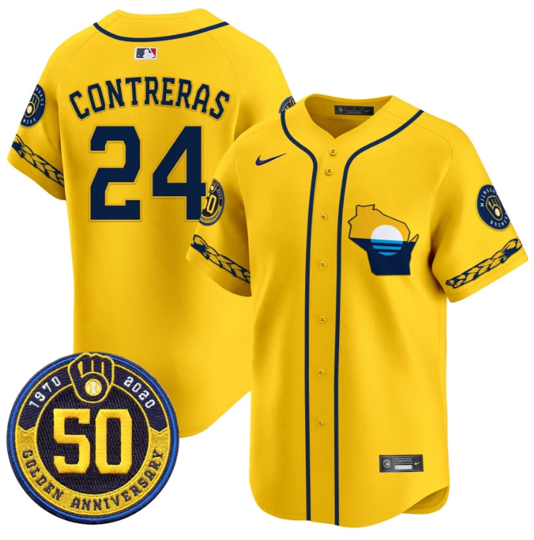 William Contreras Jersey #24 Milwaukee Brewers Golden 50th Anniversary Patch Stitched Gold by My Store