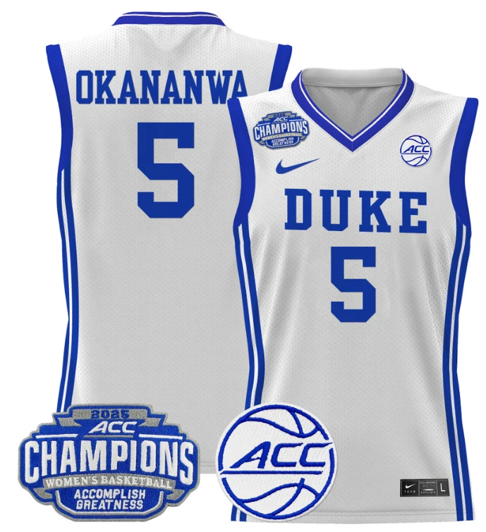 Women's Oluchi Okananwa Jersey #5 Duke Blue Devils 2025 ACC Champions White by My store basketball