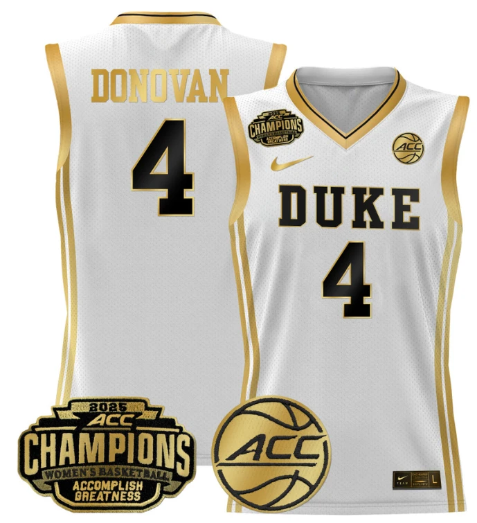Women's Jadyn Donovan Jersey #4 Duke Blue Devils 2025 ACC Champions White Gold by My store basketball