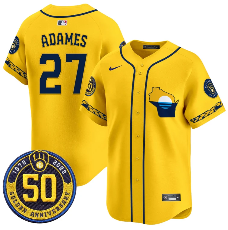 Willy Adames Jersey #27 Milwaukee Brewers Golden 50th Anniversary Patch Stitched Gold by My Store