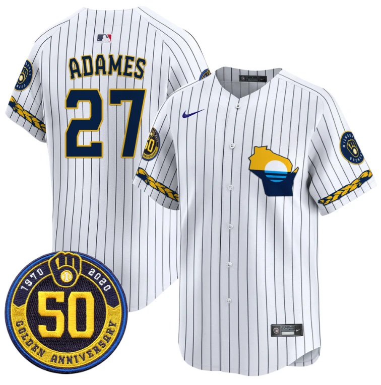 Willy Adames Jersey #27 Milwaukee Brewers Golden 50th Anniversary Patch Stitched Pinstripe by My Store