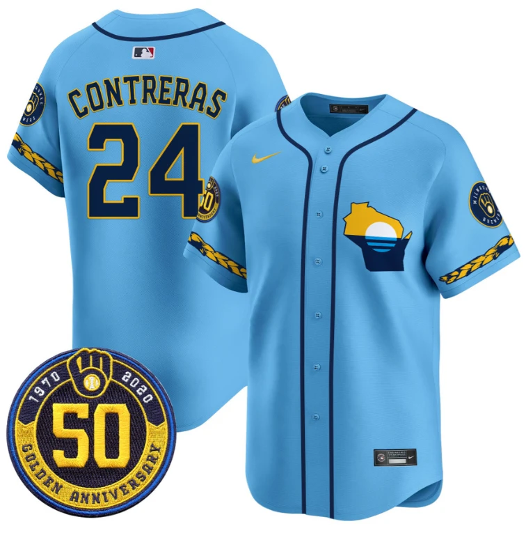 William Contreras Jersey #24 Milwaukee Brewers Golden 50th Anniversary Patch Stitched Blue by My Store
