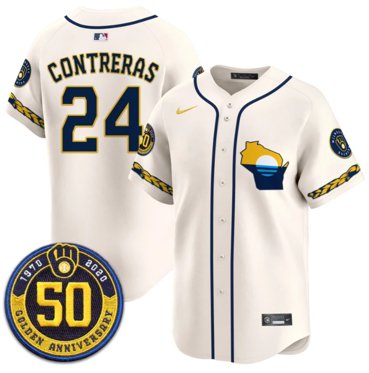 William Contreras Jersey #24 Milwaukee Brewers Golden 50th Anniversary Patch Stitched Cream by My Store