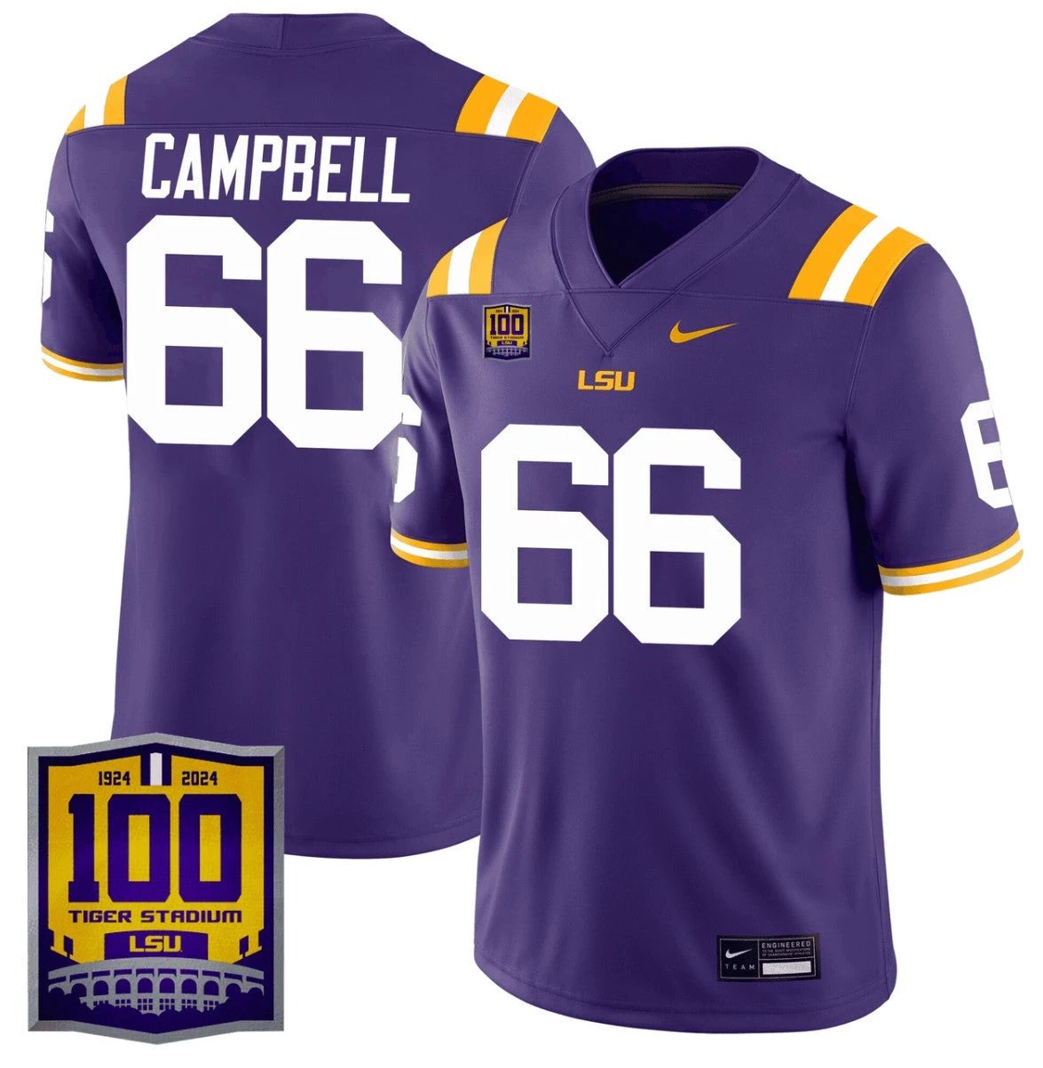Will Campbell Jersey #66 LSU Tigers 100 Years of Tiger Stadium Patch Purple by NCAA Football Jersey