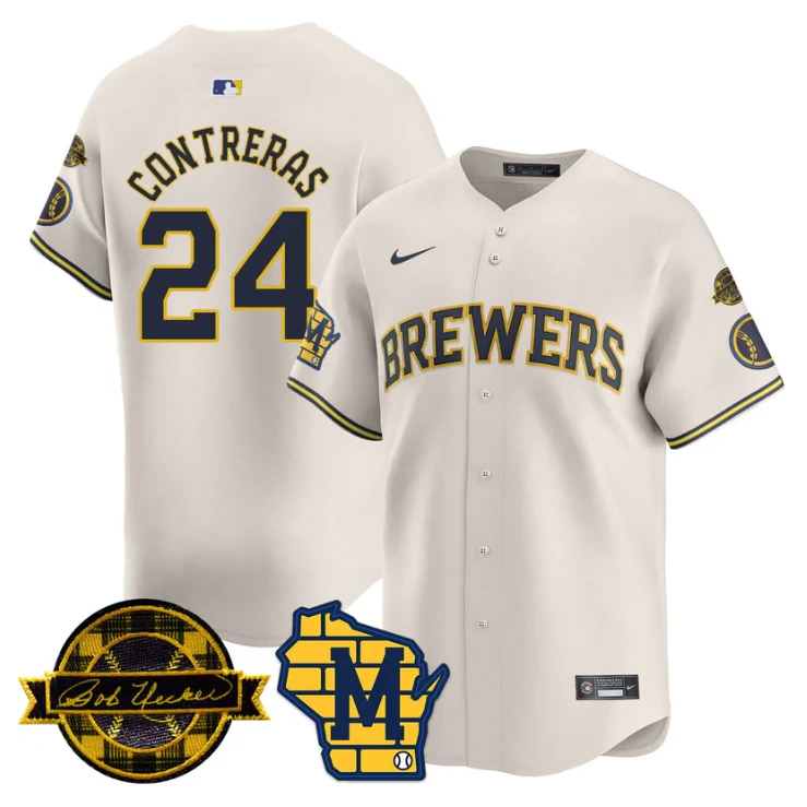 William Contreras Jersey #24 Milwaukee Brewers 2025 Limited Bob Uecker Patch Stitched Cream by My Store