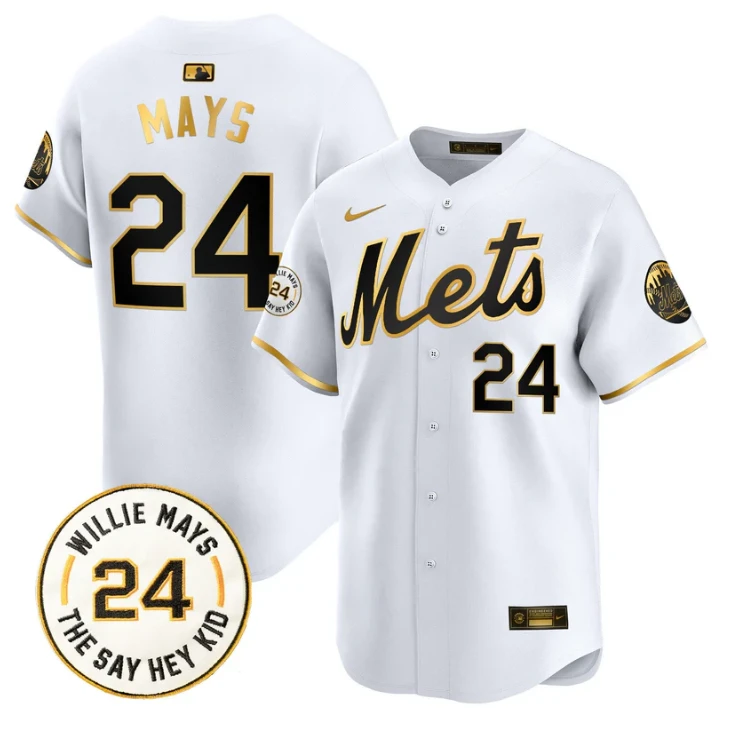 Willie Mays Jersey #24 New York Mets Willie Mays Patch Vapor Premier Limited Stitched White Gold by My Store