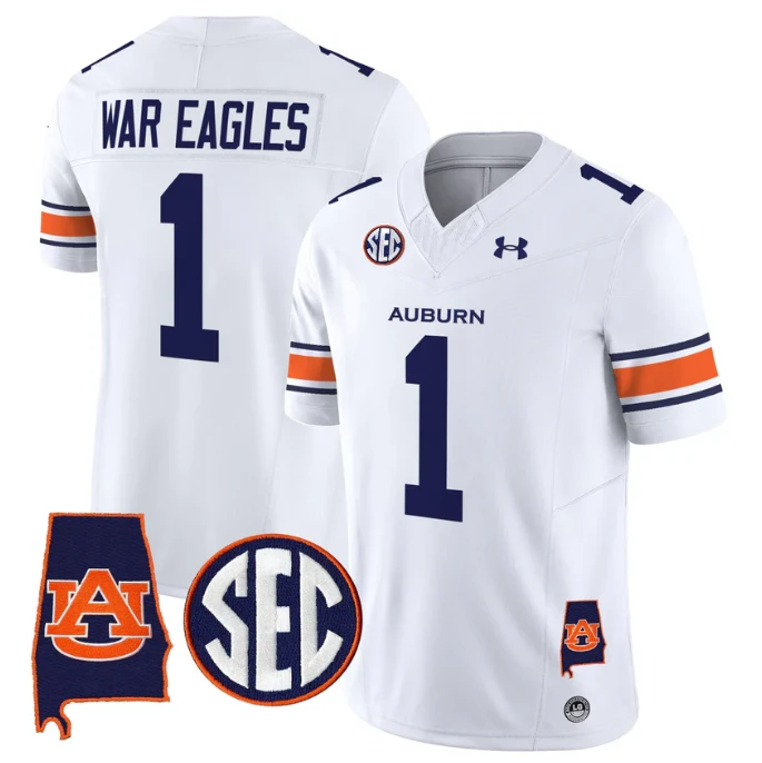 War Eagles Jersey #1 Auburn Tigers 2025 Alabama Patch Stitched White by My Store NCAA Football Jerseys
