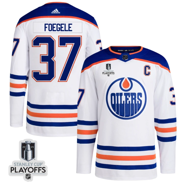 Warren Foegele 37 Edmonton Oilers 2024 NHL Playoffs Patch Away Jersey - Men, White by Hockey David