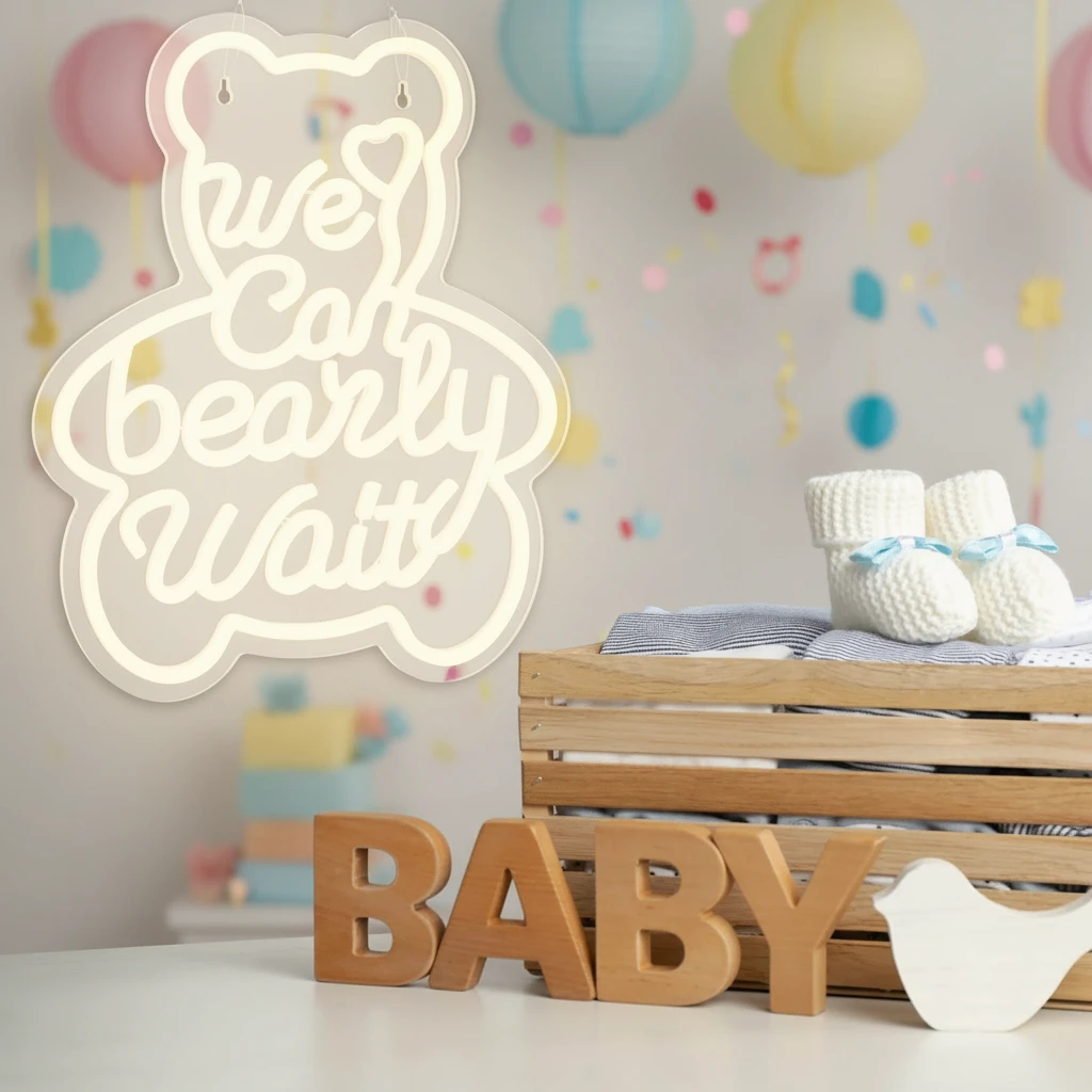 We Can Bearly Wait Neon Sign for Baby Shower Birthday Party Decor by Neonchics