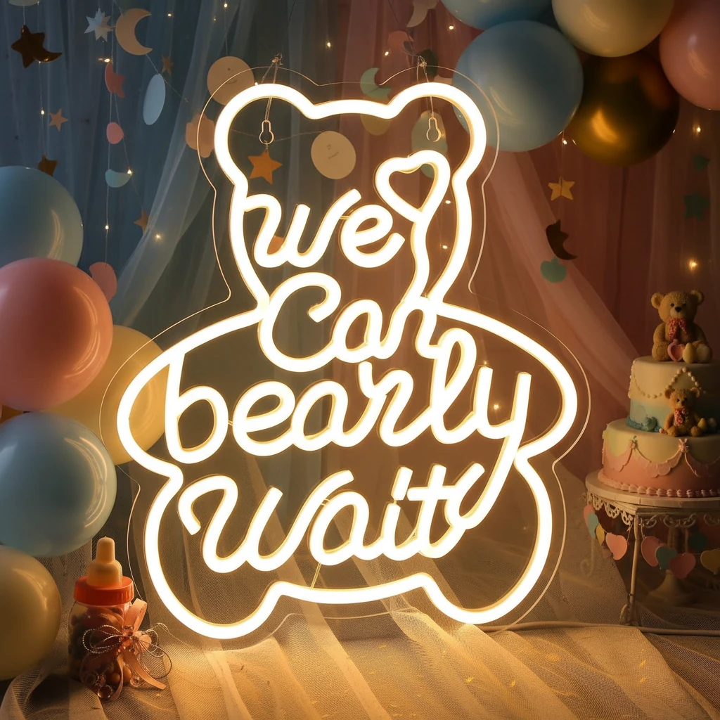 We Can Bearly Wait Neon Sign for Baby Shower Birthday Party Decor by Neonchics