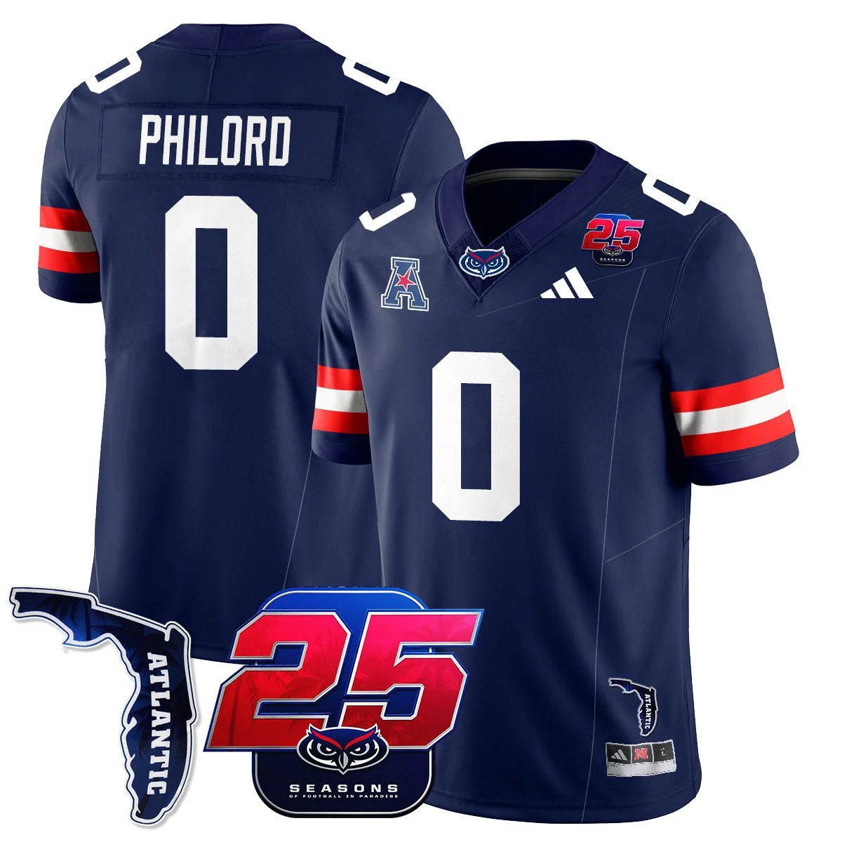 Wendol Philord Jersey #0 Florida Atlantic Football 25th Season Stitched Navy by NCAA Football Jersey