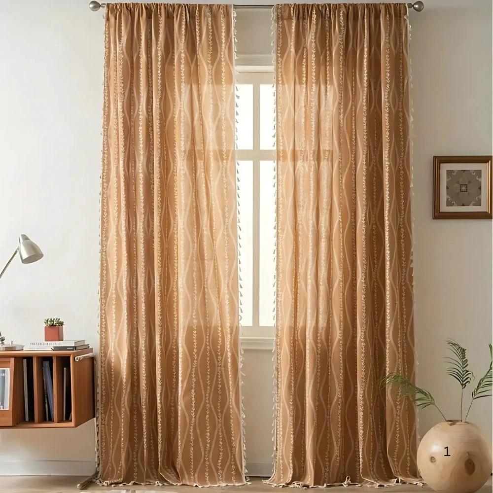 Wheat Pattern Beige Tassel Curtain by Casa & Beyond