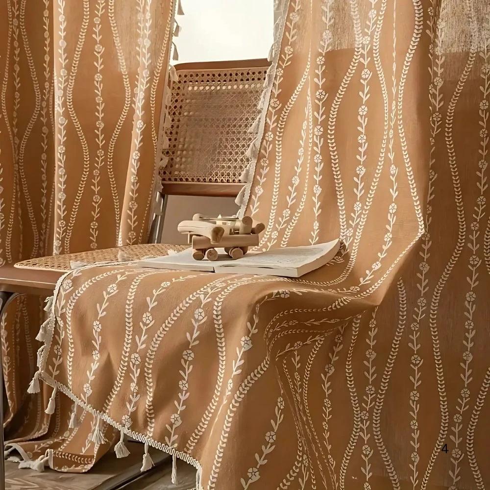Wheat Pattern Beige Tassel Curtain by Casa & Beyond