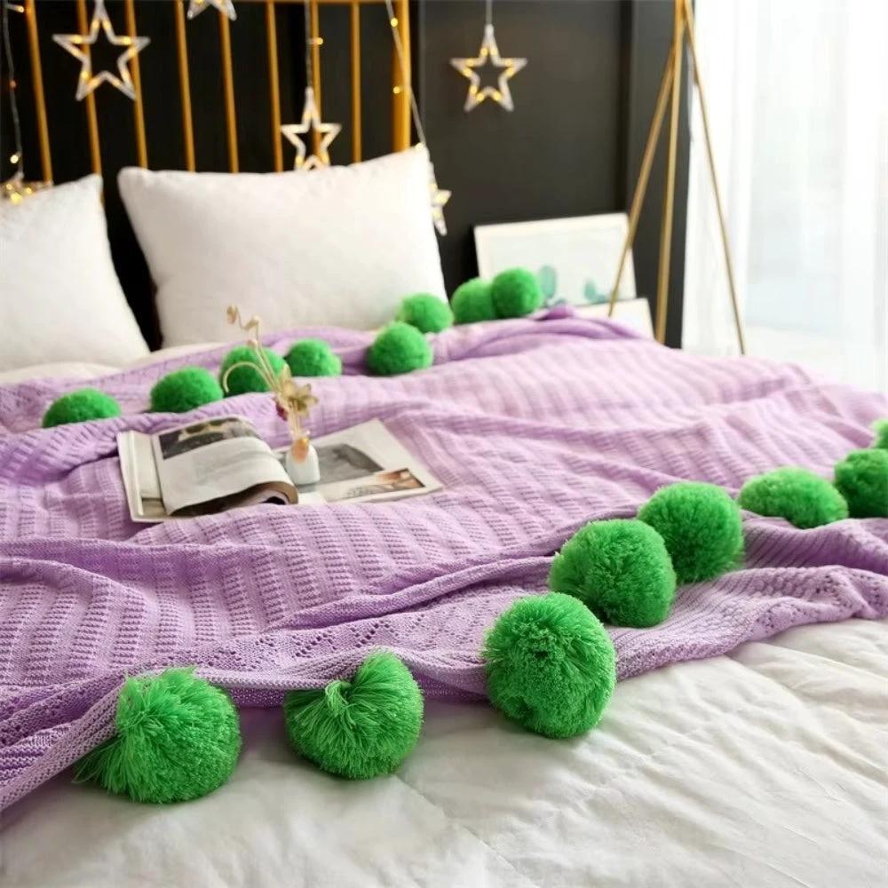 Whimsy Fluffy Pom-Pom Macaron Blanket by Casa & Beyond