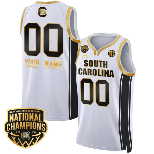 Custom South Carolina Gamecocks Basketball Jersey Name and Number 2024 National Champions All Stitched White Gold by My store basketball