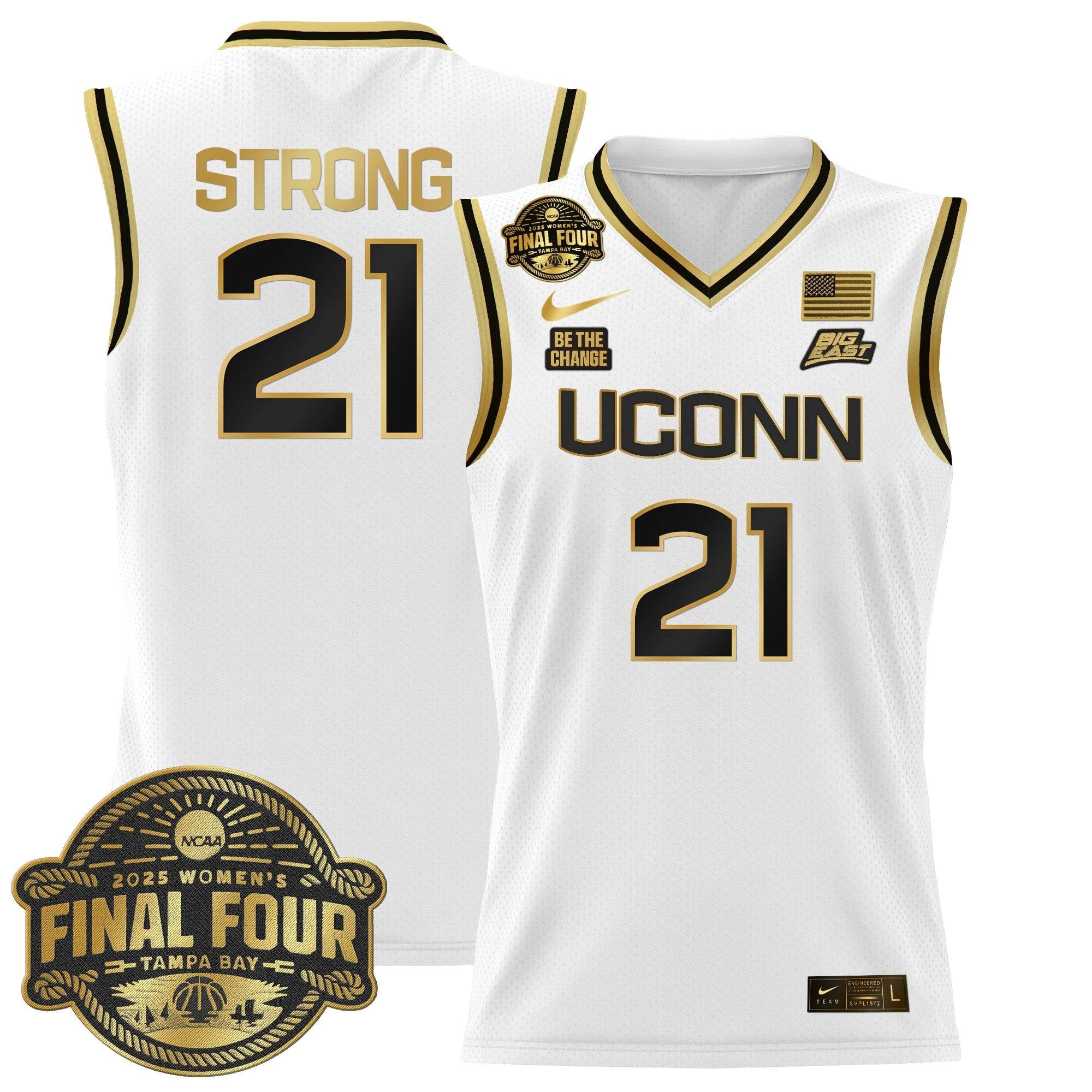 Sarah Strong Jersey #21 UConn Huskies 2025 Big Eat Final Four Patch White Gold by My store basketball