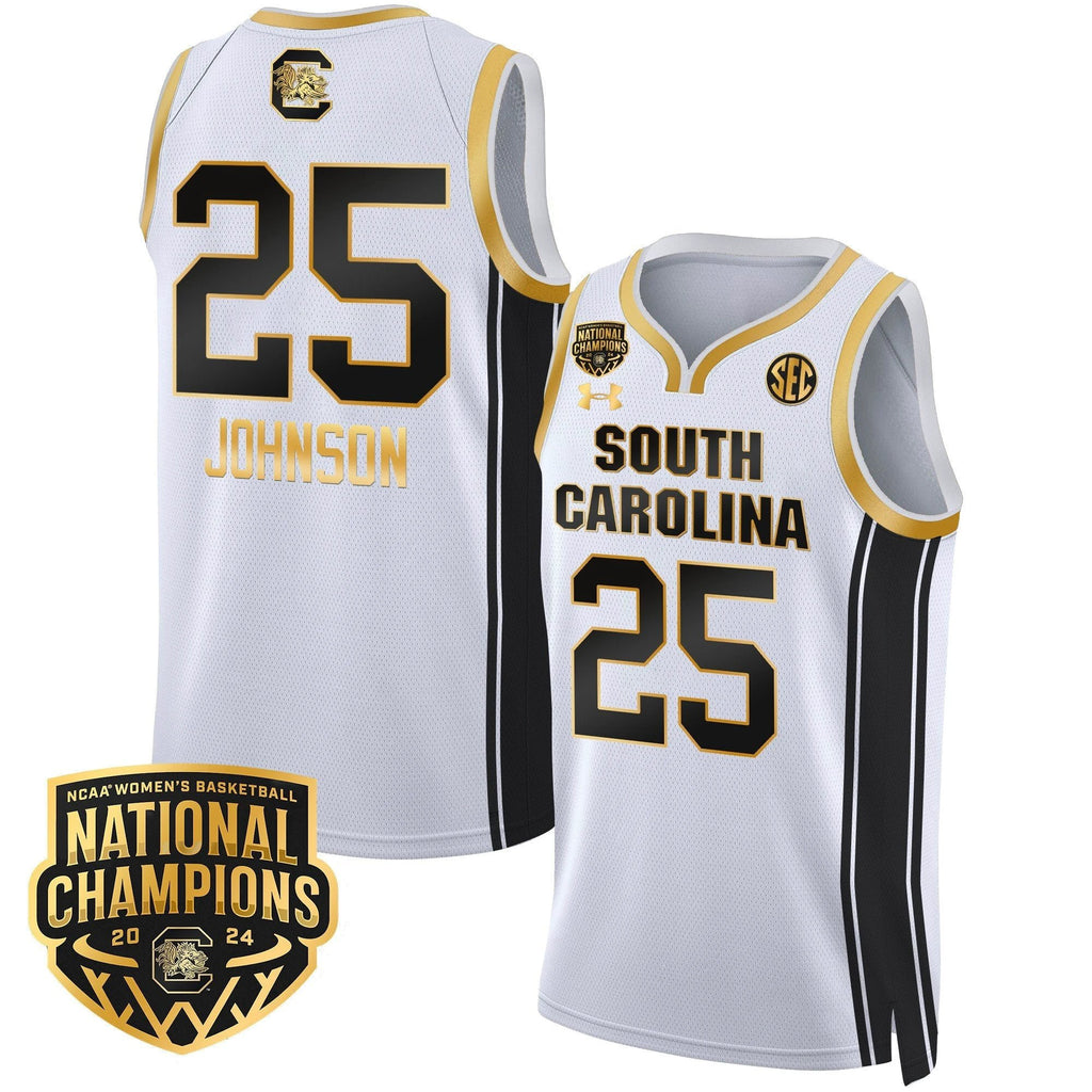 Raven Johnson Jersey #25 South Carolina Gamecocks Basketball 2024 National Champions All Stitched White Gold by My store basketball