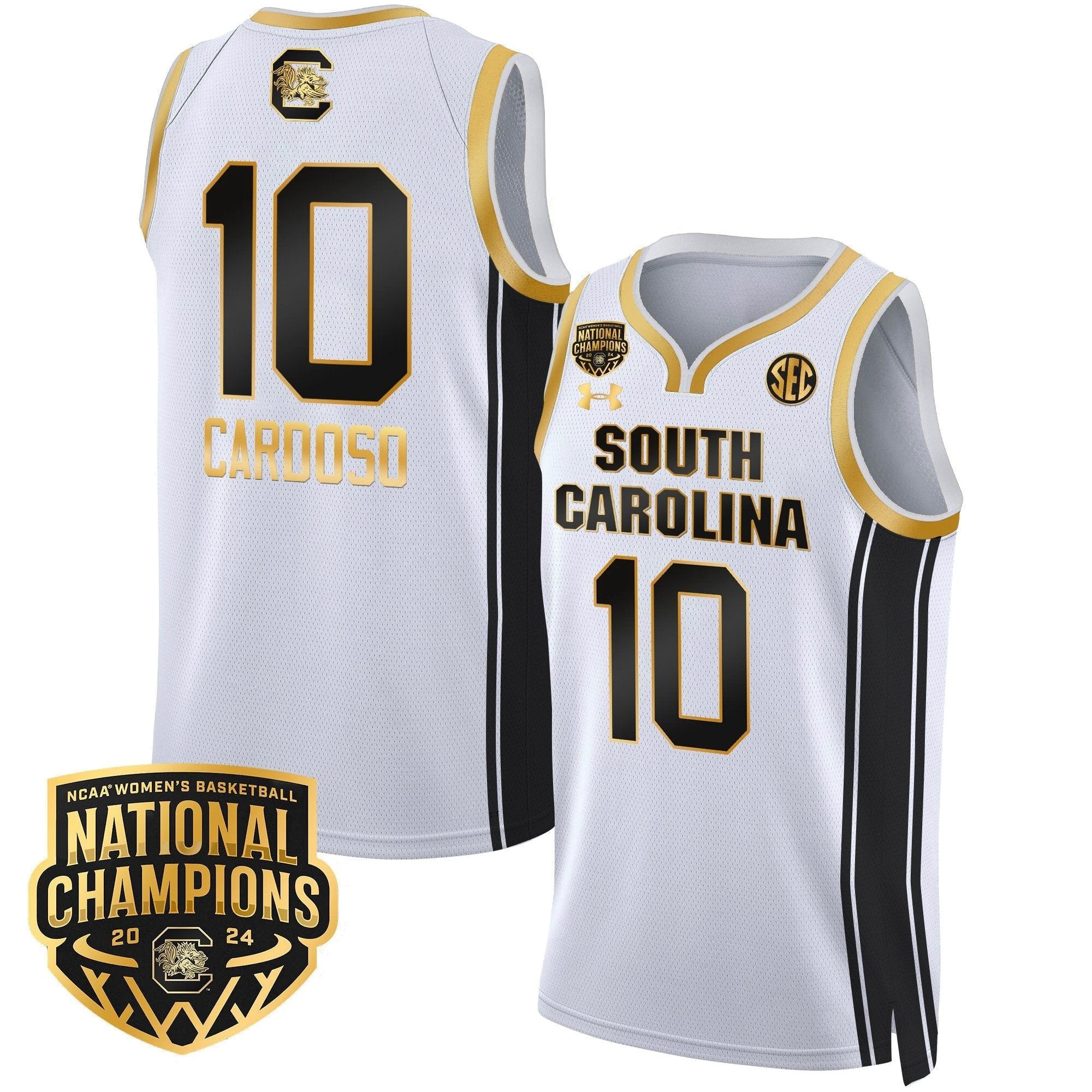 Kamilla Cardoso Jersey #10 South Carolina Gamecocks Basketball 2024 National Champions All Stitched White Gold by My store basketball