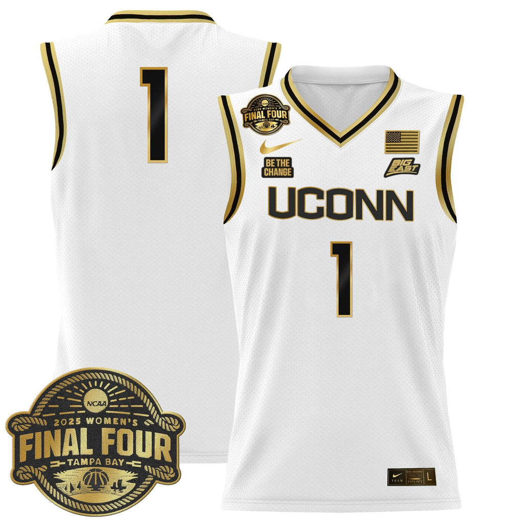 Team Jersey #1 UConn Huskies 2025 Big Eat Final Four Patch Stitched White Gold by My store basketball