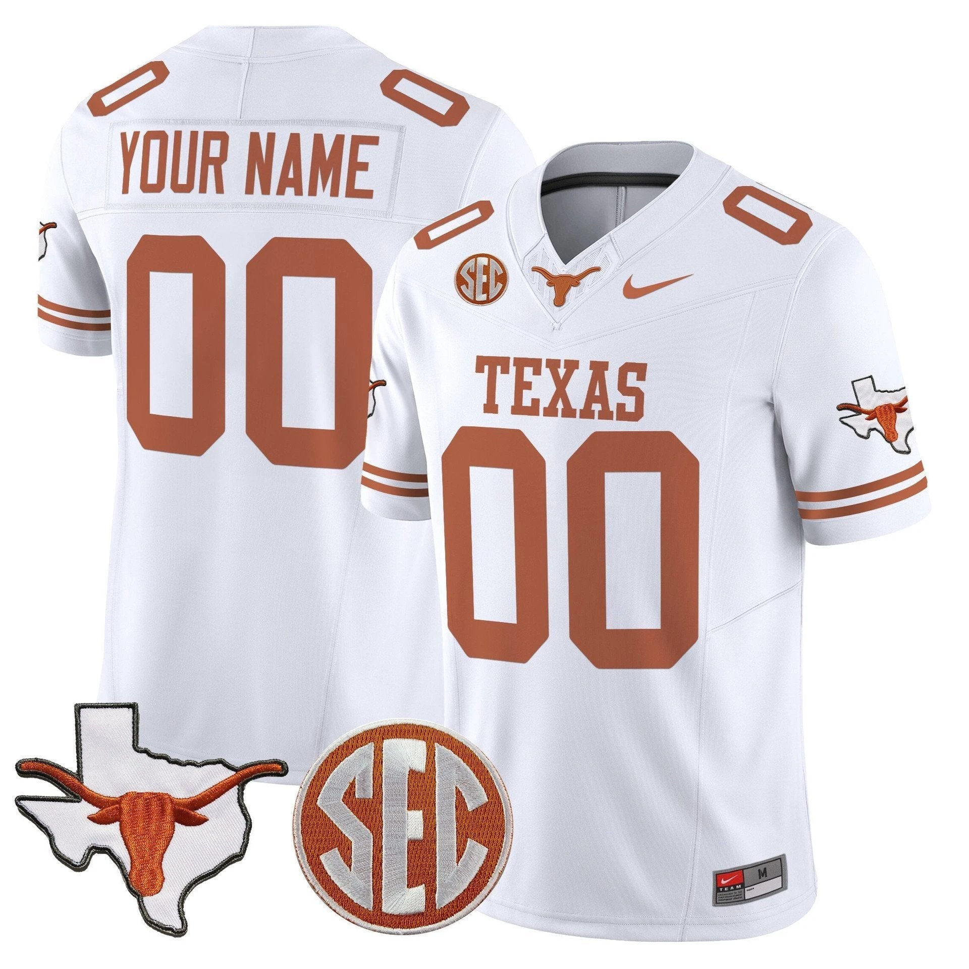 Custom Texas Longhorns Jersey 2025 State Map SEC Patch Stitched White by My Store