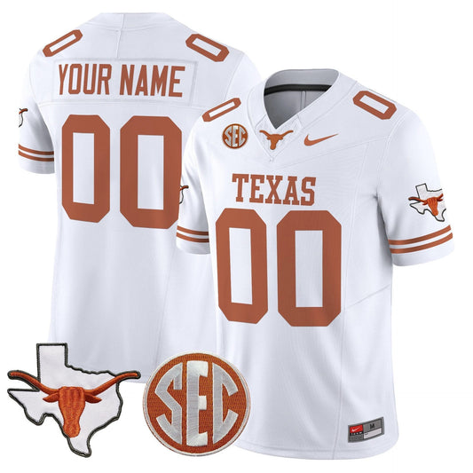 Custom Texas Longhorns Jersey 2025 State Map SEC Patch Stitched White by My Store
