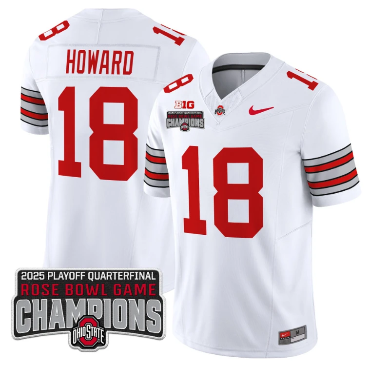 Will Howard Jersey #18 Ohio State 2025 Rose Bowl Champions Patch White by NCAA Football Jersey
