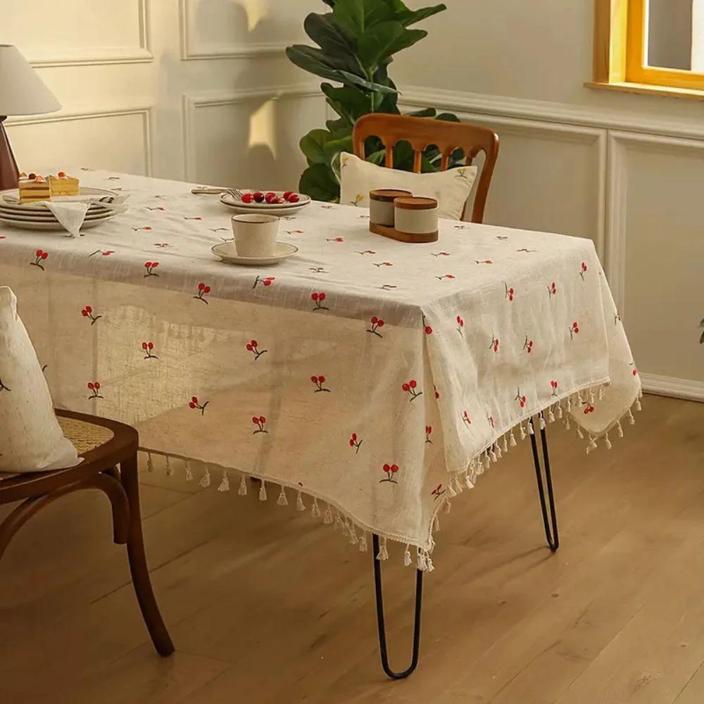 Vintage Red Cherry Tassel Tablecloth by Casa & Beyond