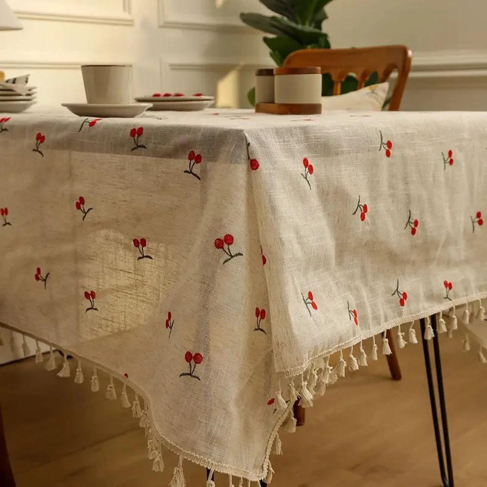 Vintage Red Cherry Tassel Tablecloth by Casa & Beyond