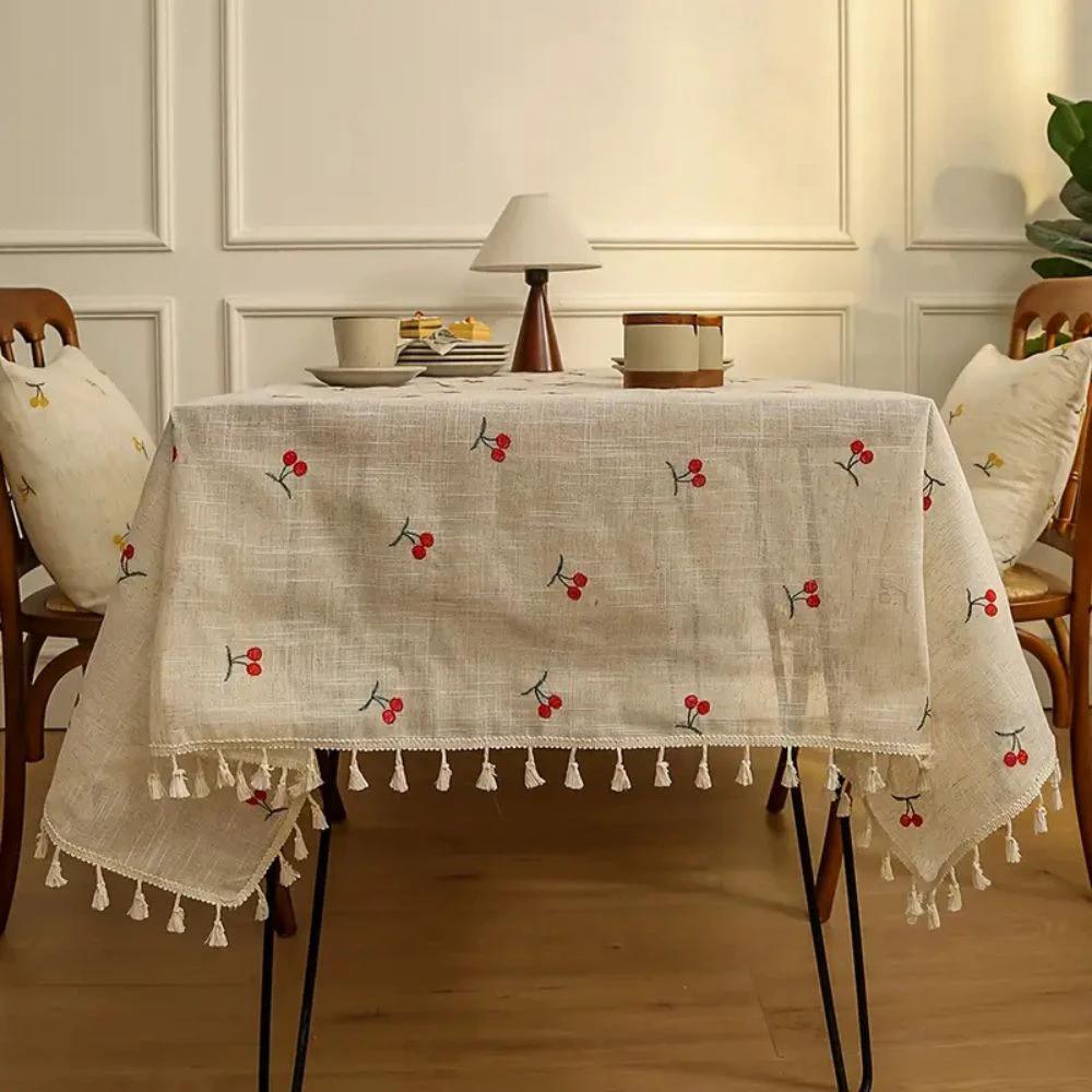 Vintage Red Cherry Tassel Tablecloth by Casa & Beyond