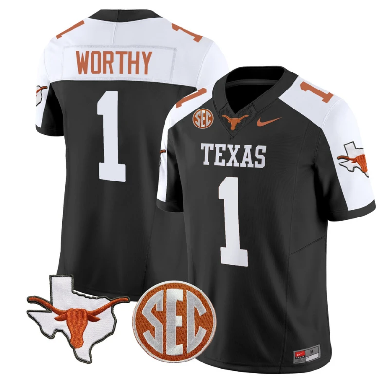 Xavier Worthy Jersey #1 Texas Longhorns State Map and Sec Patch Vapor Limited College Football Stitched Black Alternate by My Store