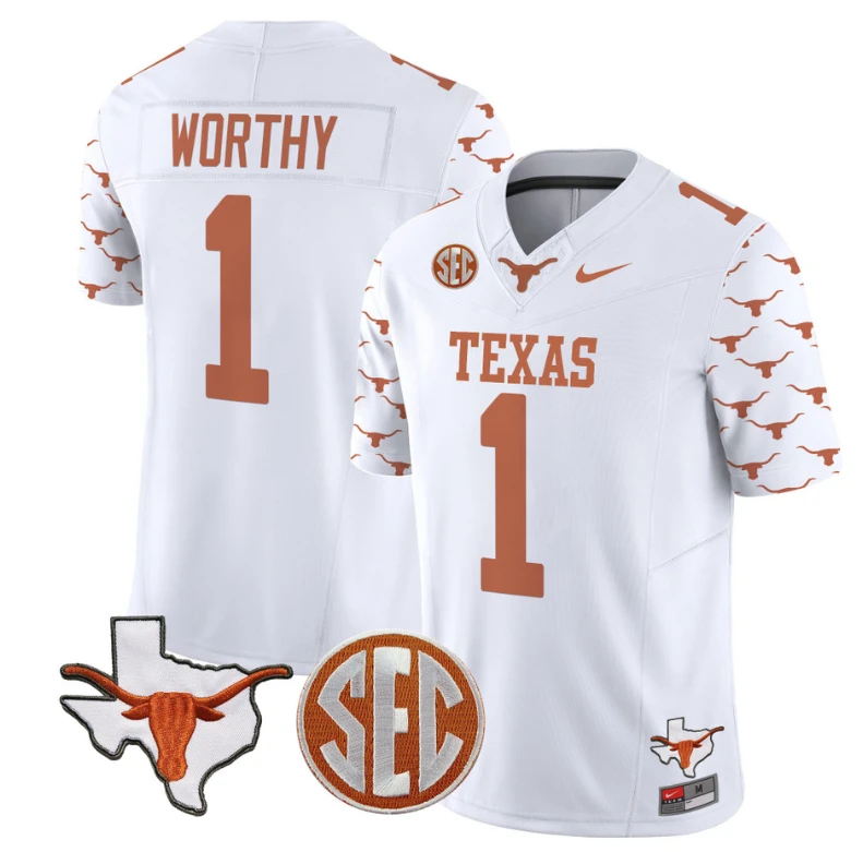 Xavier Worthy Jersey #1 Texas Longhorns State Map and Sec Patch Vapor Limited College Football Stitched White (Copy) by My Store