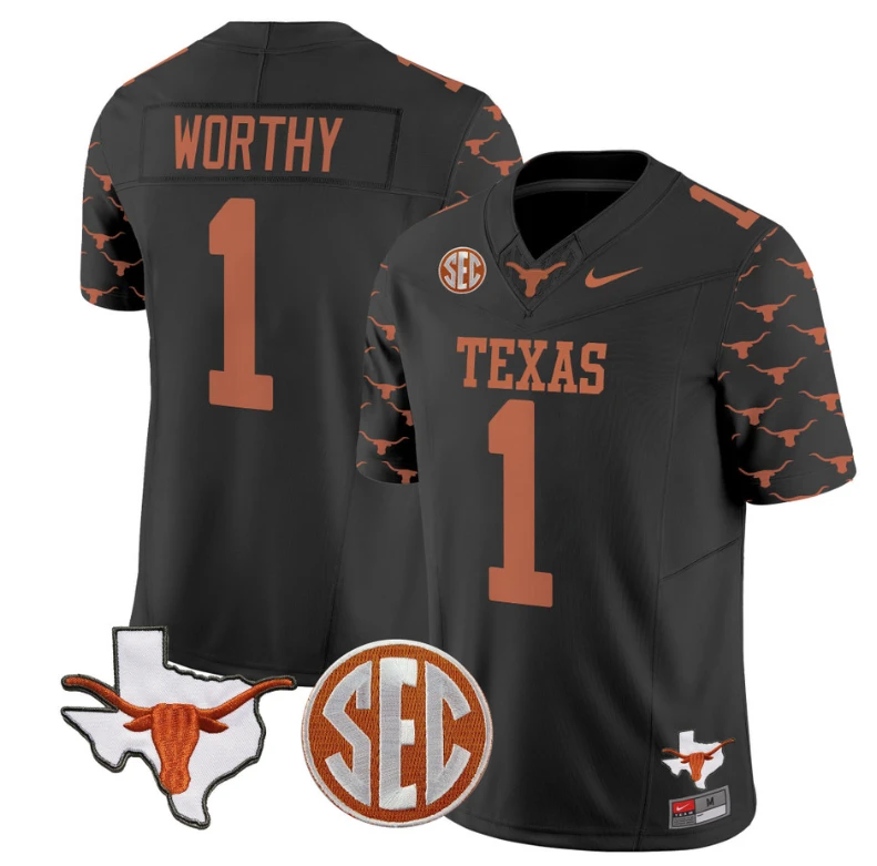 Xavier Worthy Jersey #1 Texas Longhorns State Map and Sec Patch Vapor Limited College Football Stitched Black by My Store
