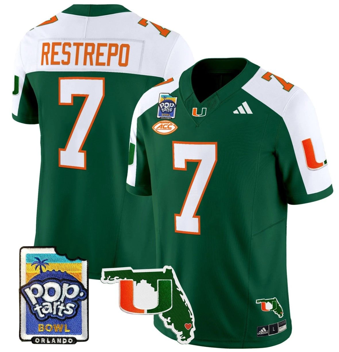 Xavier Restrepo Jersey #7 Miami Hurricanes 2025 PopTarts Bowl Patch Green Alternate by My Store